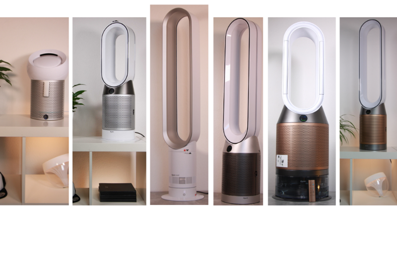 Unterschiedliche Dyson Luftreiniger und Raumklimageräte stehen nebeneinander im Design-Vergleich